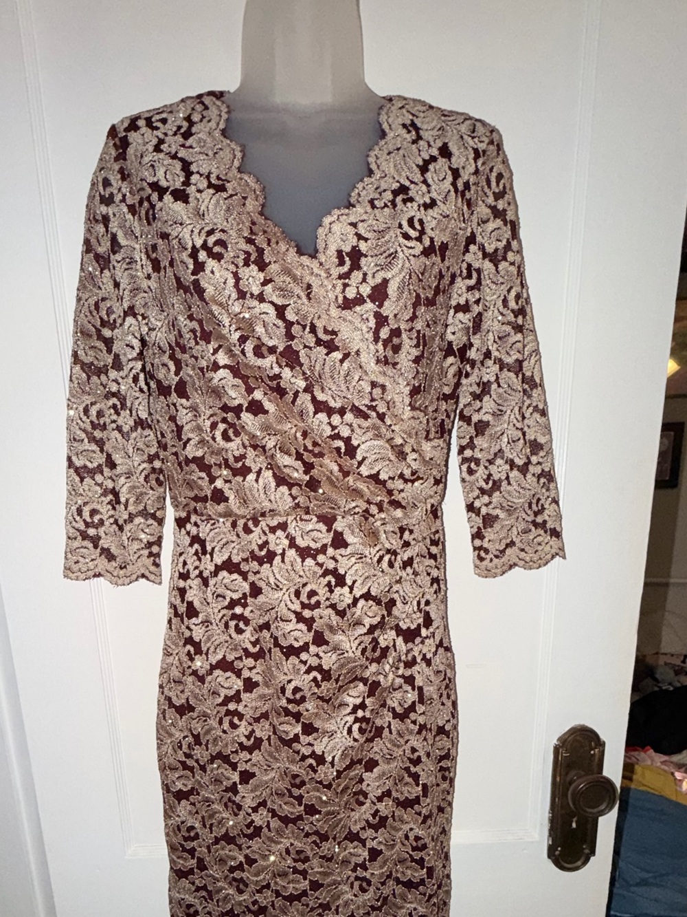 Jessica Howard Burgundy Lace Wrap Dress with Beige Overlay